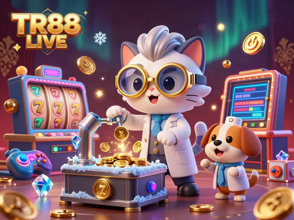 Experience the excitement of TR88 LIVE with a mad scientist cat and lab assistant amidst vibrant slot game elements.