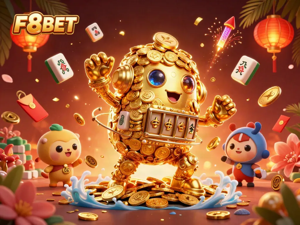 Spin the reels at F8BET with a golden golem amid vibrant casino elements, inviting excitement.