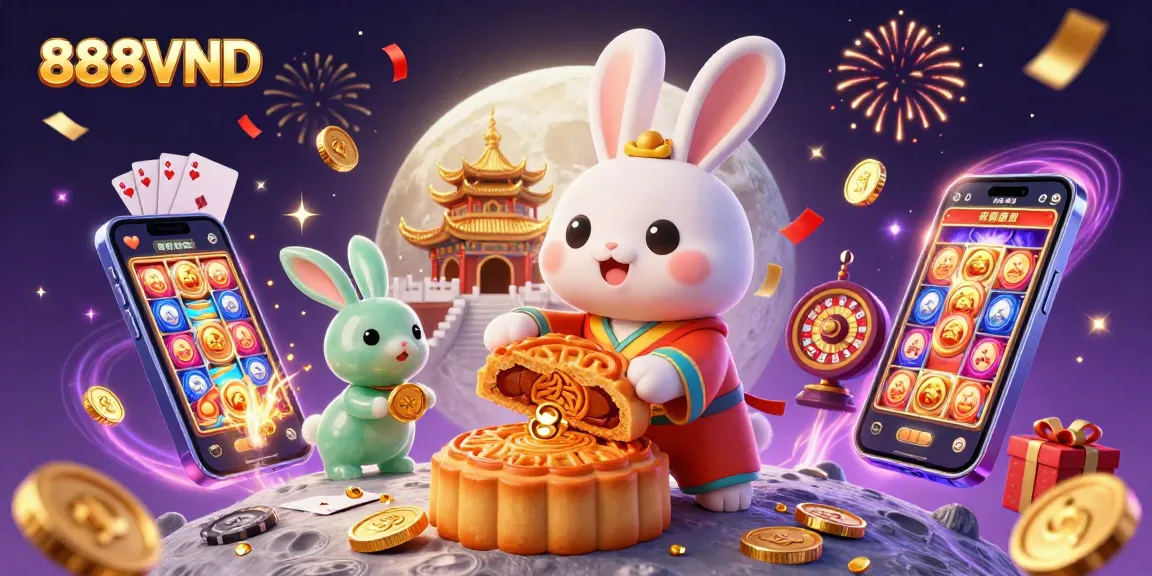 Join the fun at 888VND with a moon rabbit character celebrating gambling with poker chips and slot games.