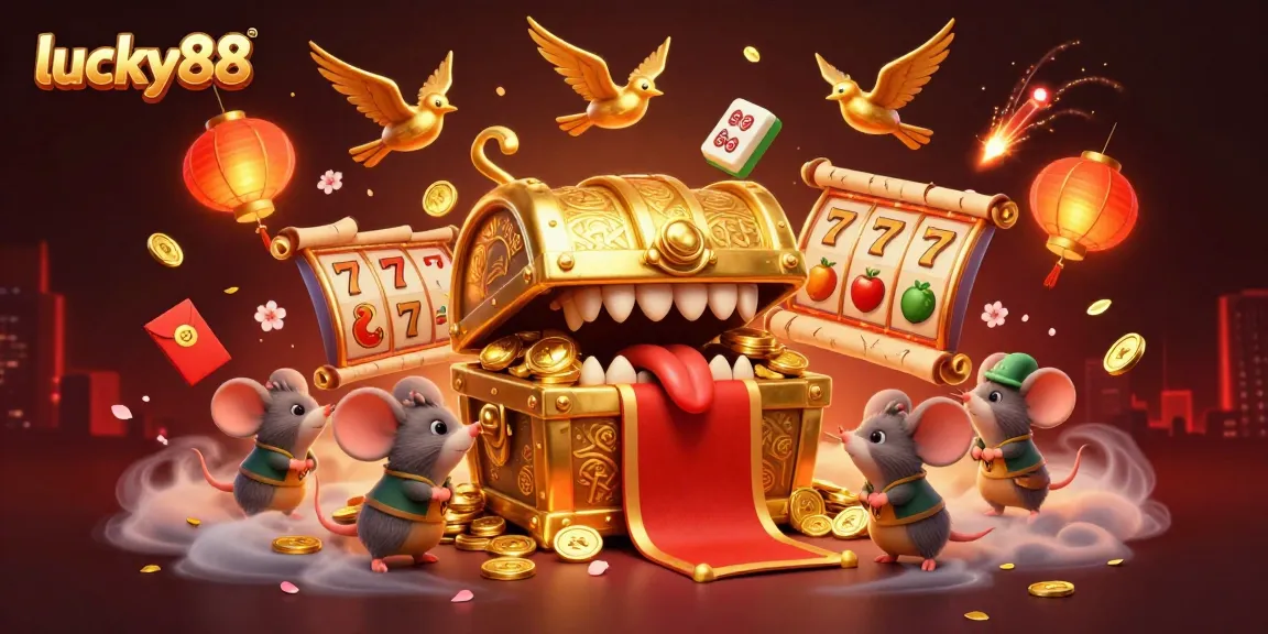 Engage in thrilling slot action at lucky88 with vibrant golden treasures and festive elements.