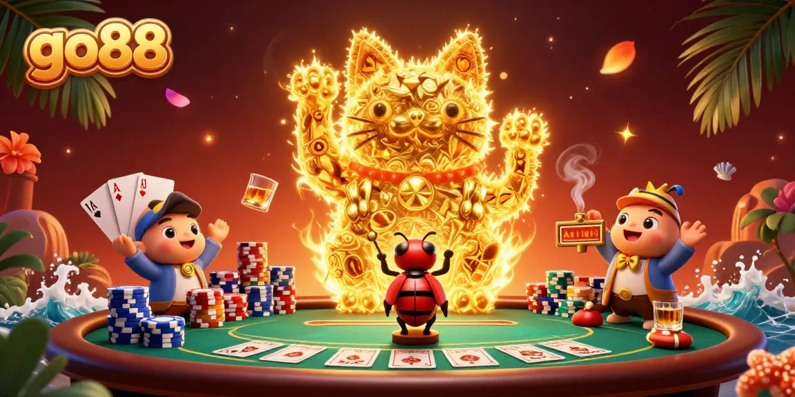 Enjoy the go88 experience with a vibrant illustration featuring casino elements and a lucky cat.