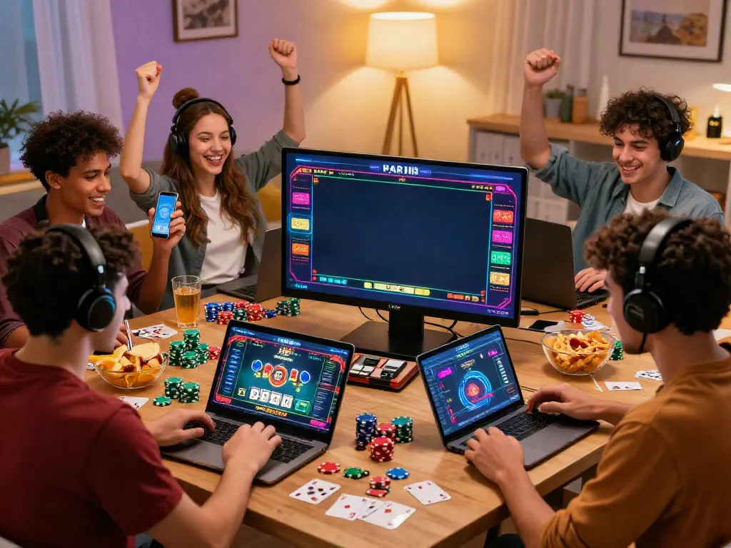 Friends enjoying a lively online gaming experience at credit card casino sites with vibrant decor and snacks.
