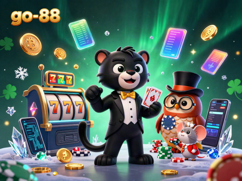 Experience vibrant go-88 slots action with a tuxedoed panther, poker-playing owl, and lucky mouse amidst slot reels.