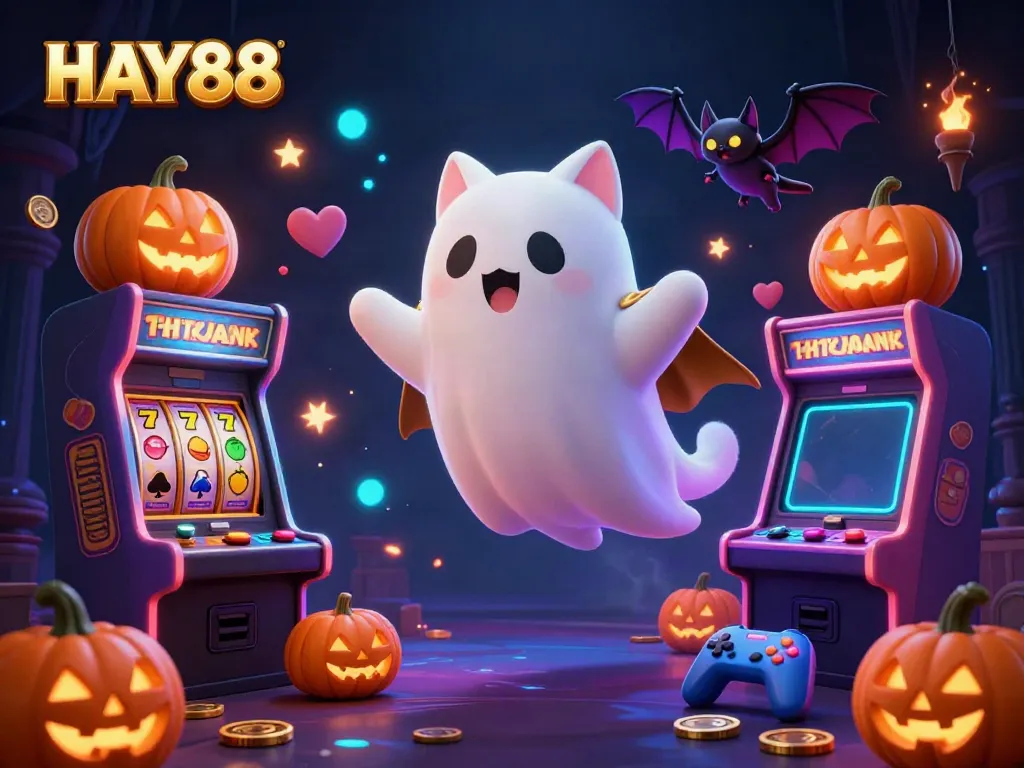 Experience HAY88's exciting gaming atmosphere with a floating ghost cat and vibrant slot reels all around.