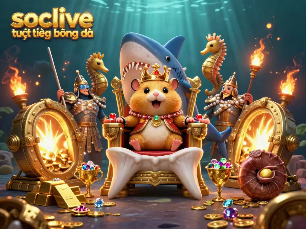 Socolive trực tiếp bóng đá featuring a hamster king on a megalodon shark throne amidst treasure, capturing royal gambling energy.