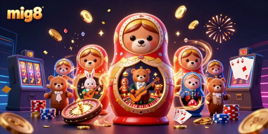 Experience the excitement with mig8's entertaining casino scene featuring a cheerful bear and enchanting characters.