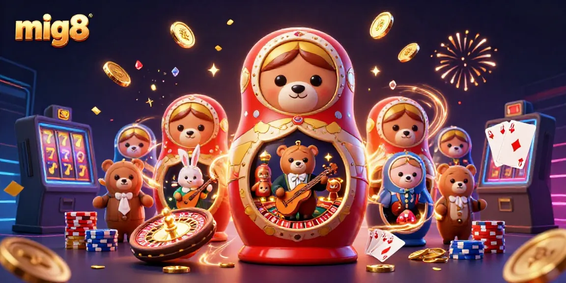 Experience the excitement with mig8's entertaining casino scene featuring a cheerful bear and enchanting characters.