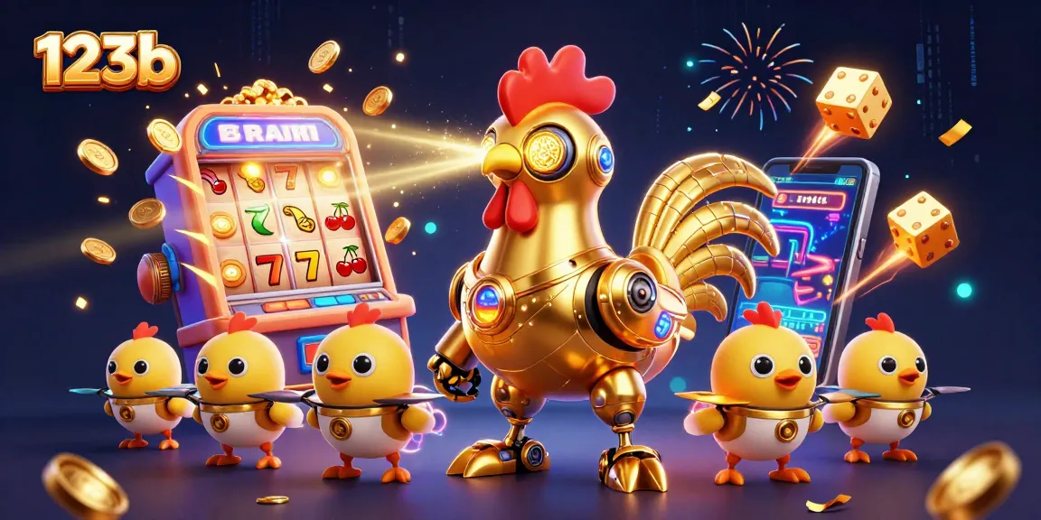 Experience thrilling wins at 123b with vibrant casino elements exploding around a futuristic golden rooster robot.