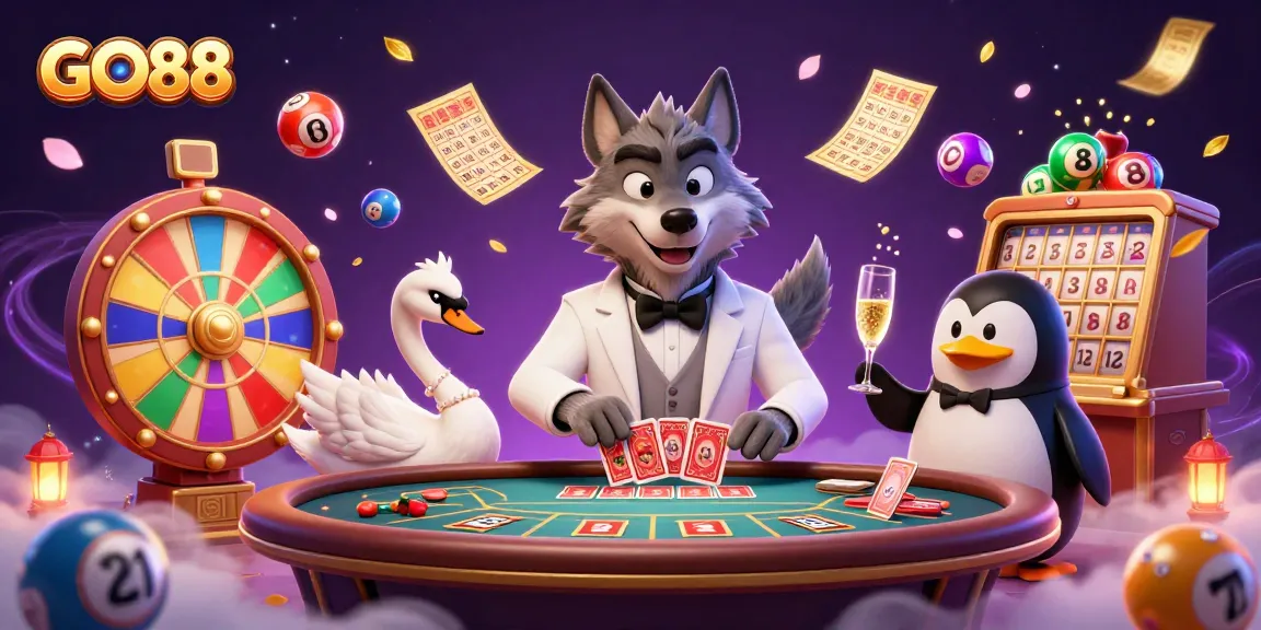 Experience the thrill of GO88 with lively characters at a baccarat table amidst exciting gaming elements.