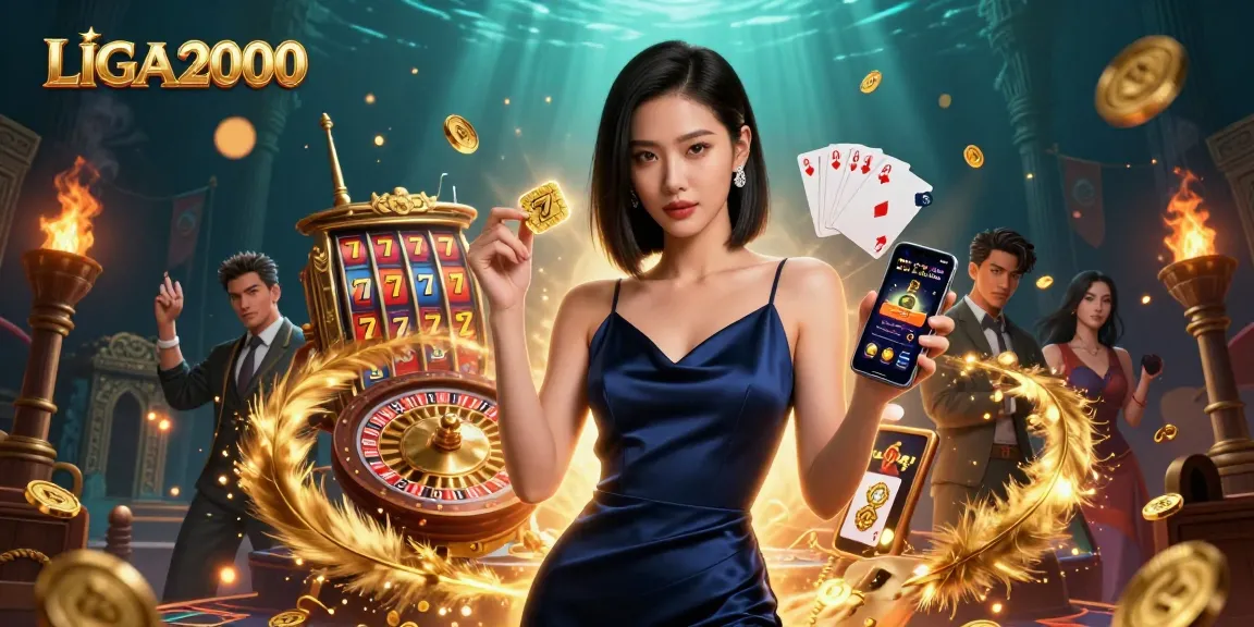LIGA2000 menampilkan seorang wanita Asia dengan aplikasi kasino, elemen slot yang cerah, dan efek cahaya yang berkilauan.