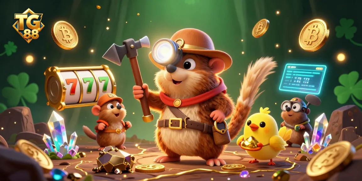 Experience thrilling slots at TG 88 with treasure hunter mole and vibrant gems illuminating the scene.