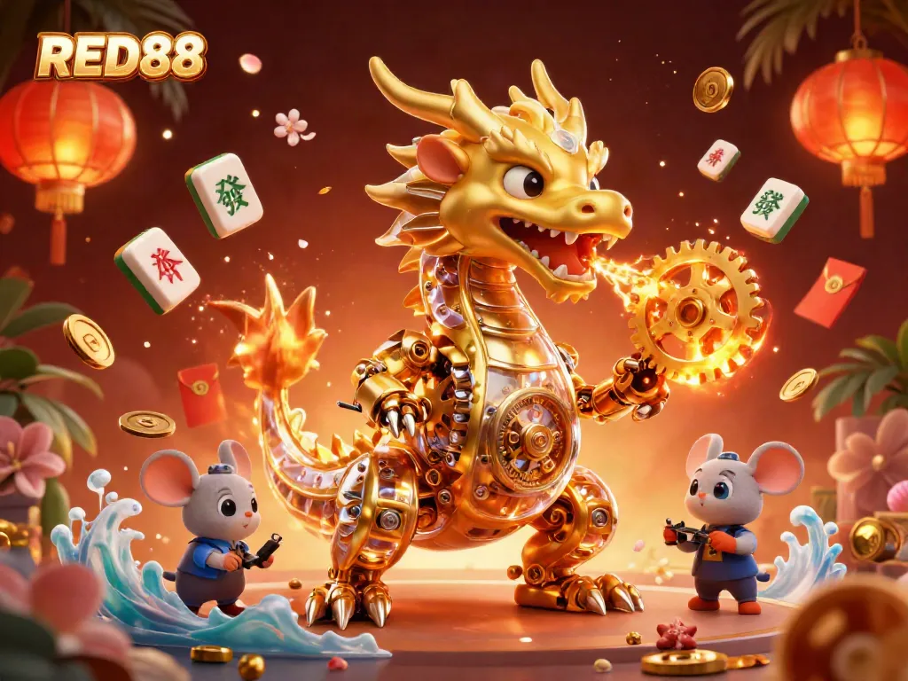 Experience the thrilling gaming at RED88 with vibrant casino symbols and a majestic dragon.