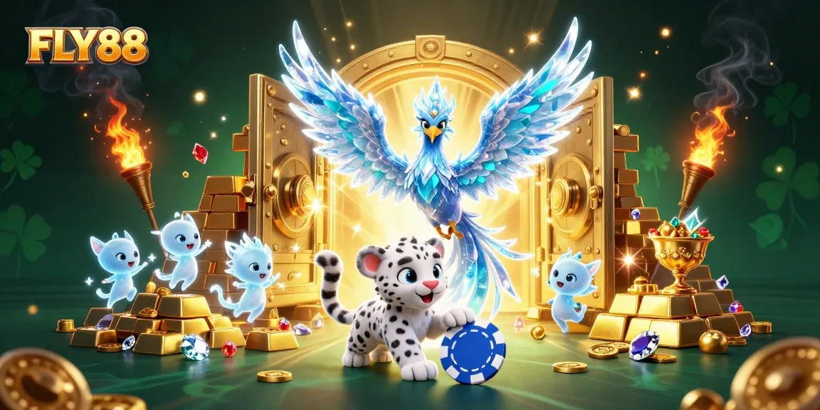 Experience vibrant gaming with FLY88, showcasing a stunning phoenix and dynamic treasures.