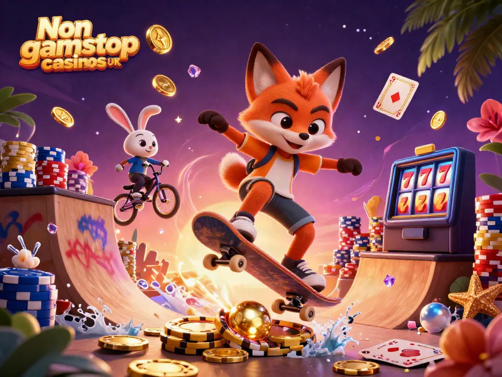 Engaging illustration of Non gamstop casinos UK with skateboard characters performing tricks over poker chips.