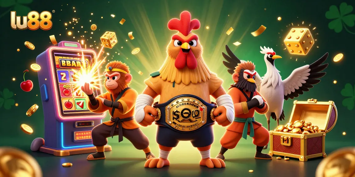 Spin the slots at lu88 and join the Muay Thai rooster and martial artists in this vibrant casino scene.