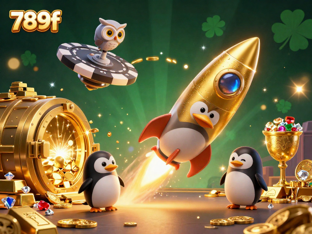 Experience thrilling wins with 789f in an engaging cartoon casino scene featuring gold treasures.