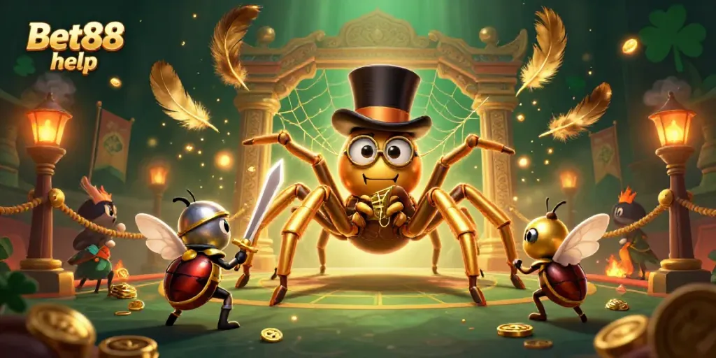 Engage with Bet88 help featuring a golden tarantula, a beetle knight, and captivating casino elements.