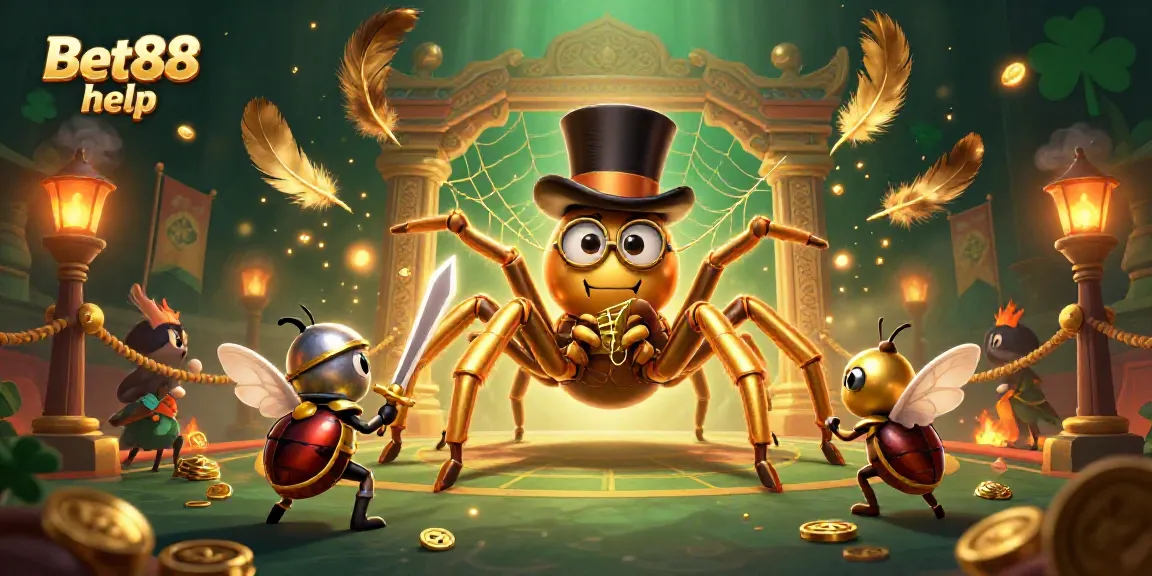 Engage with Bet88 help featuring a golden tarantula, a beetle knight, and captivating casino elements.