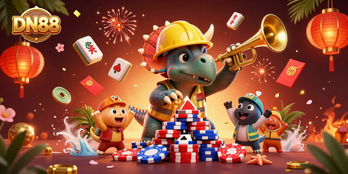 Celebrate wins at DN88 with a lively 3D scene featuring triceratops building poker chips and joyous companions.