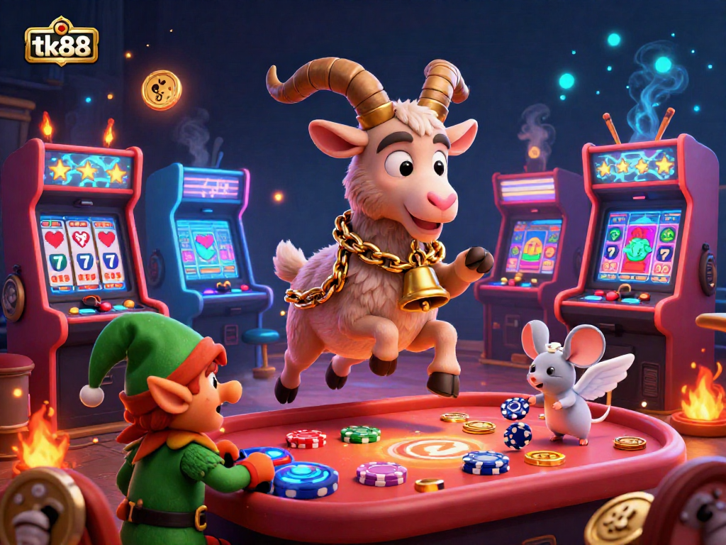 Experience the thrill of tk88 with the Krampus goat in a festive casino heist scene.