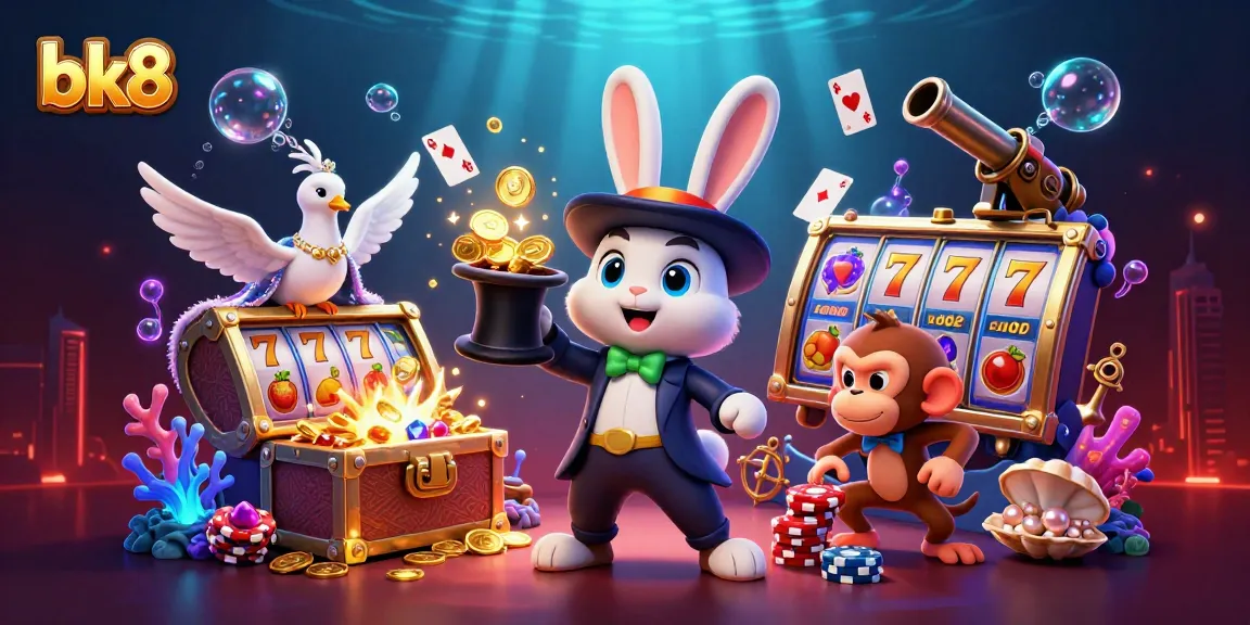 Spin to win with bk8's magician rabbit and vibrant casino elements in a lively 3D scene.
