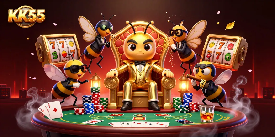 Engage with KK55's exciting slot reels and poker elements in this dynamic casino scene.