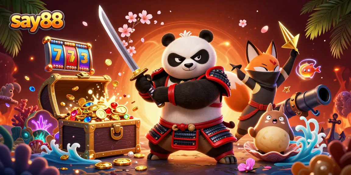 Experience the excitement of say88 with a fierce panda samurai and vibrant casino elements in this dynamic illustration.