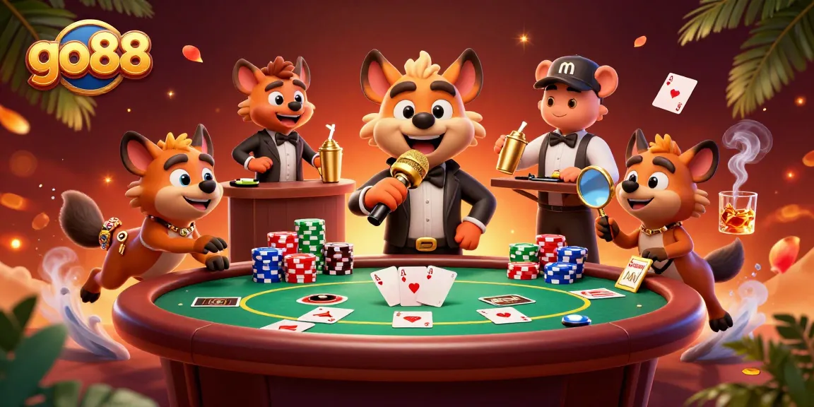 Experience the excitement at go88 with lively hyenas in a 3D casino scene surrounded by gaming elements.
