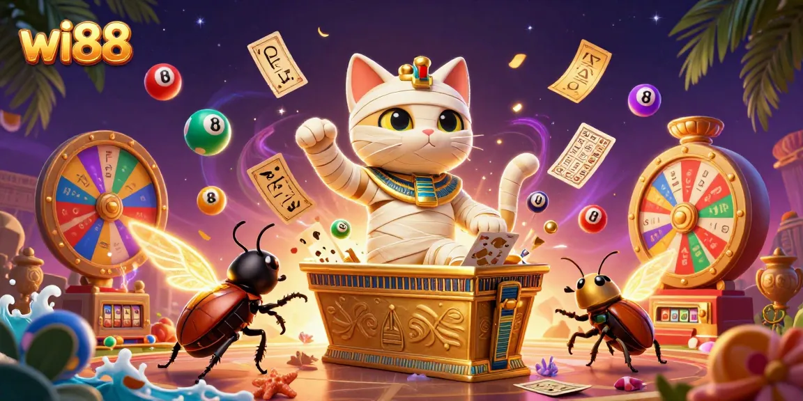 Experience thrilling gambling with wi88 featuring an Egyptian mummy cat and vibrant casino elements.