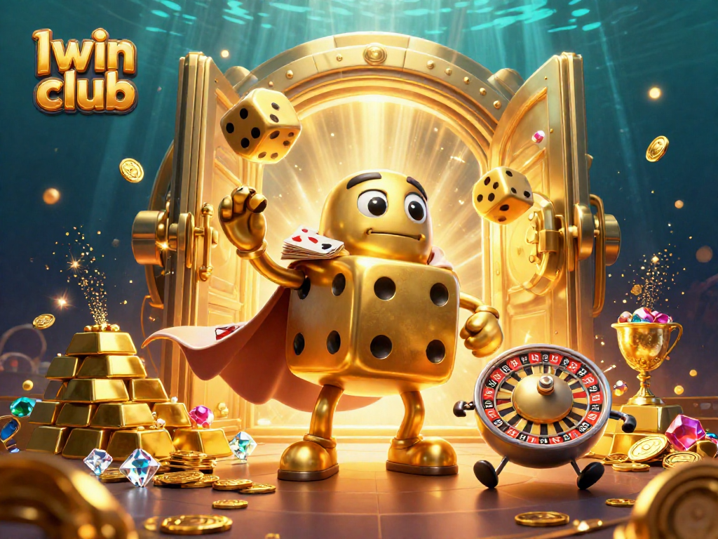 Iwin club invites you to experience thrilling gameplay in a vibrant 3D casino illustration packed with gold.