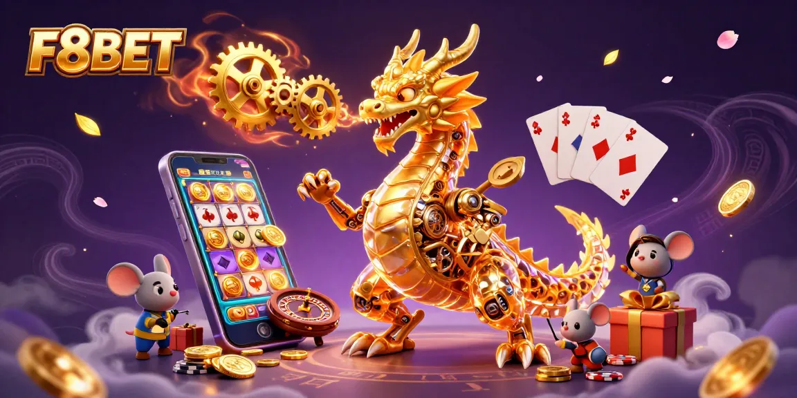 Engage with F8BET's thrilling casino action featuring a golden dragon amidst vibrant gaming elements.