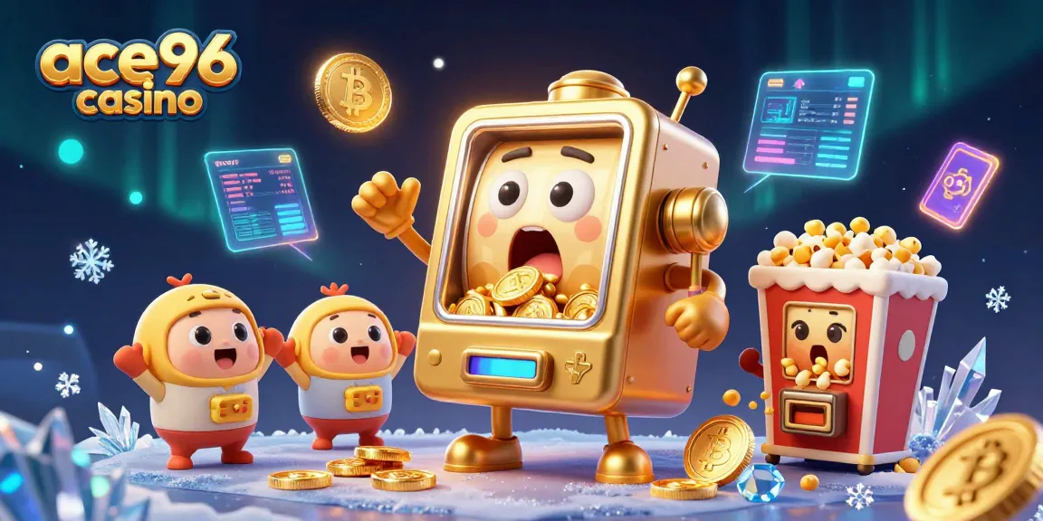Experience the excitement of ace96 casino with a lively jackpot scene featuring golden slot machines and cryptocurrency coins.