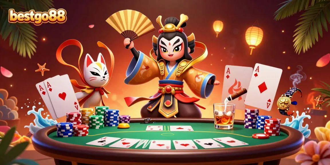 Experience the thrilling atmosphere of bestgo88 with vibrant poker action featuring colorful chips and characters.