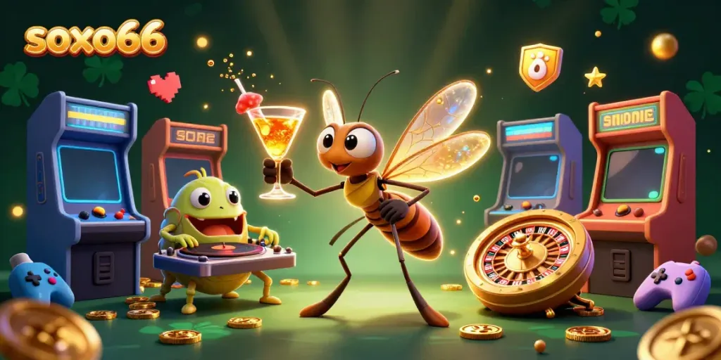 Experience excitement with soxo66 casino mascot featuring a golden cocktail and a trilobite DJ.
