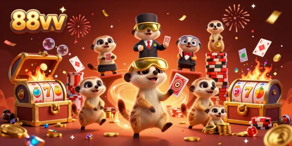 Watch meerkats operate the lively 88vv casino with fireworks, rich colors, and energetic gameplay.