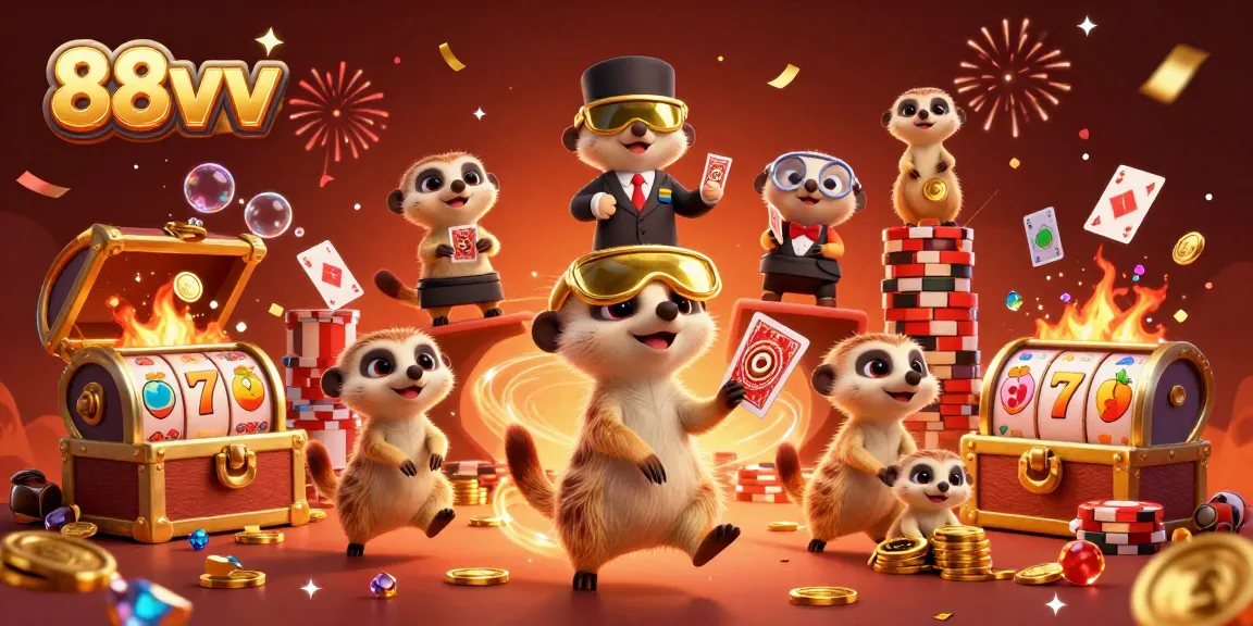 Watch meerkats operate the lively 88vv casino with fireworks, rich colors, and energetic gameplay.