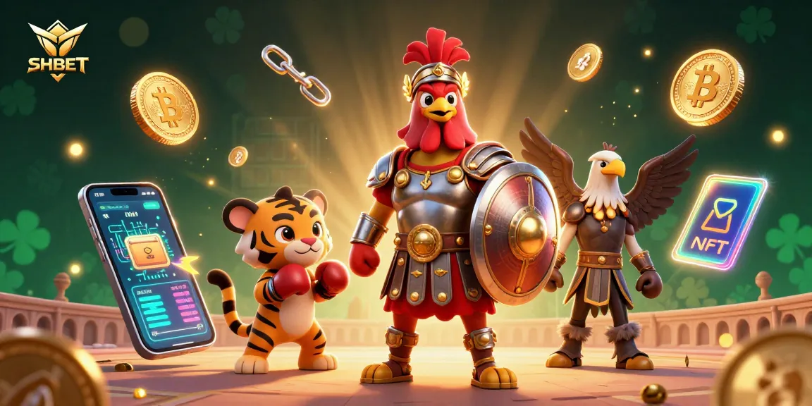 Engage with SHBET's exciting adventures featuring a gladiator rooster, tiger cub, and eagle in a vibrant casino scene.