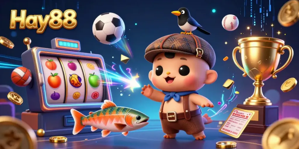 Experience excitement with Hay88 while enjoying colorful slot reels and playful characters in a vibrant casino scene.