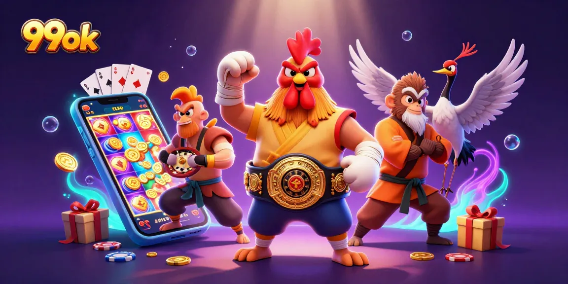 Win big with 99ok in this vibrant casino scene featuring popular games and characters.