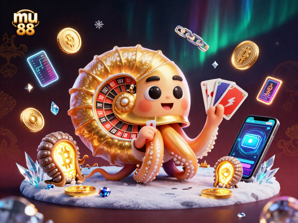 Engage with mu 88's dynamic 3D casino scene featuring a giant nautilus and crypto elements.