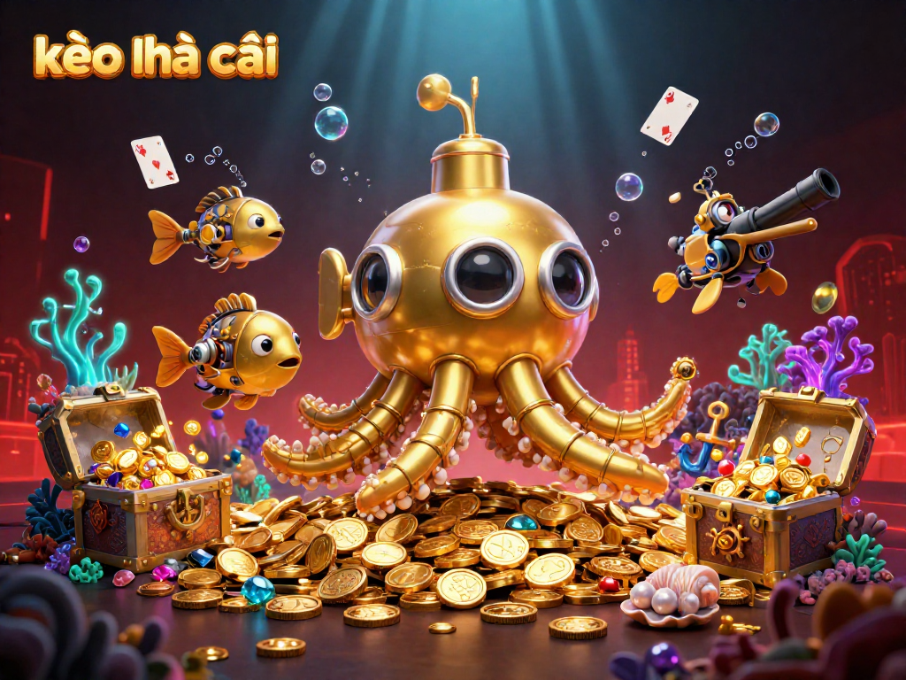 Discover kèo nhà cái gameplay with a 3D golden kraken submarine amidst treasure and casino elements.