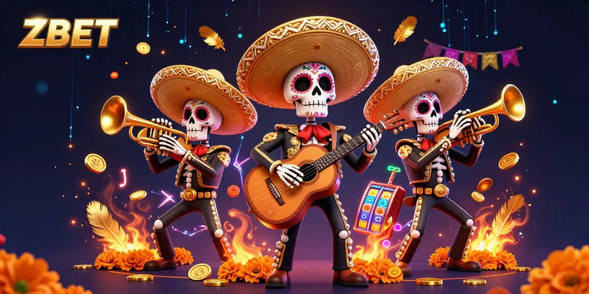 Experience the vibrant world of ZBET with our lively casino scene featuring Day of the Dead skeleton mariachi band.