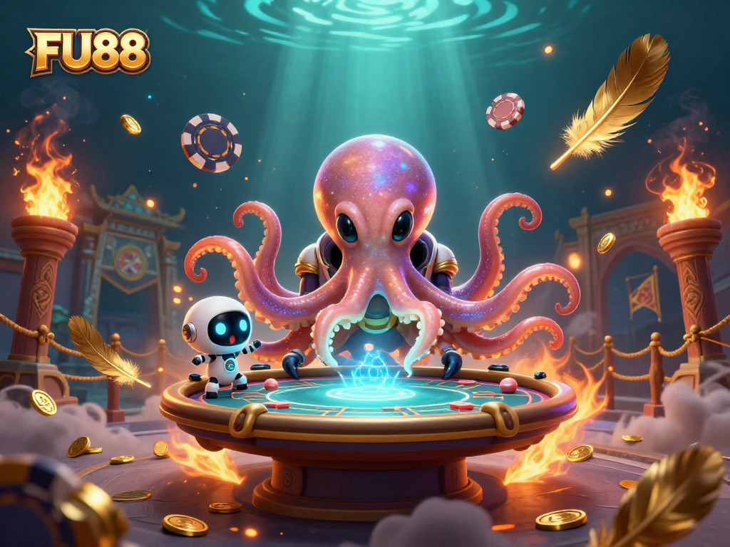 Experience the excitement of FU88 at a holographic poker table with an alien octopus and robot.