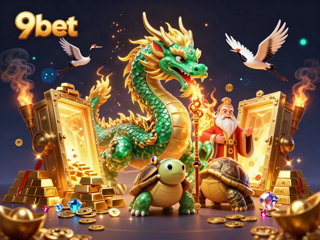 Experience the thrill of 9bet with a majestic dragon guarding treasure in a vibrant casino scene.