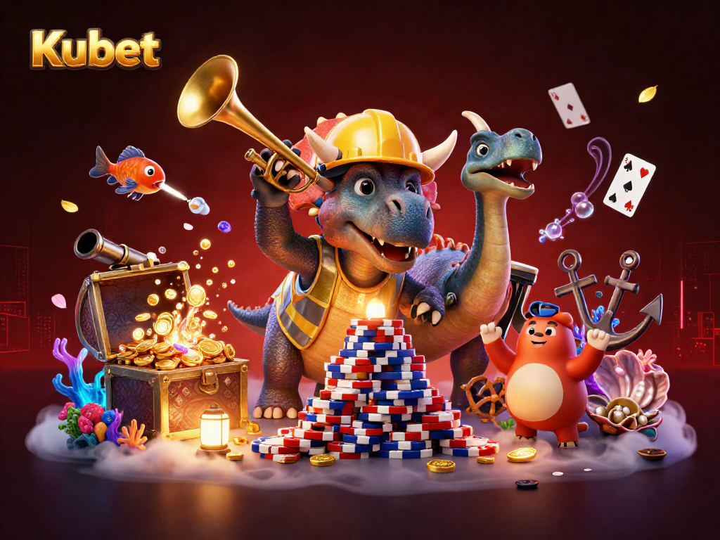 Kubet dinosaur characters celebrating while gambling with poker chips and treasures, showcasing vibrant casino elements.