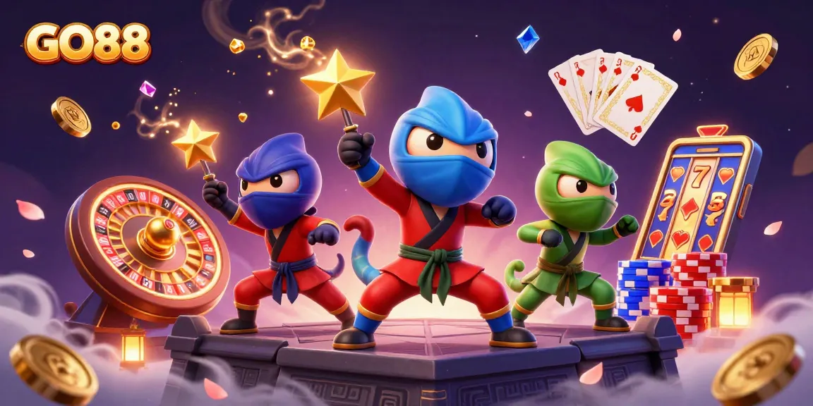 GO88 engages players with a vibrant 3D illustration of chameleons, casino games, and dynamic gaming elements.