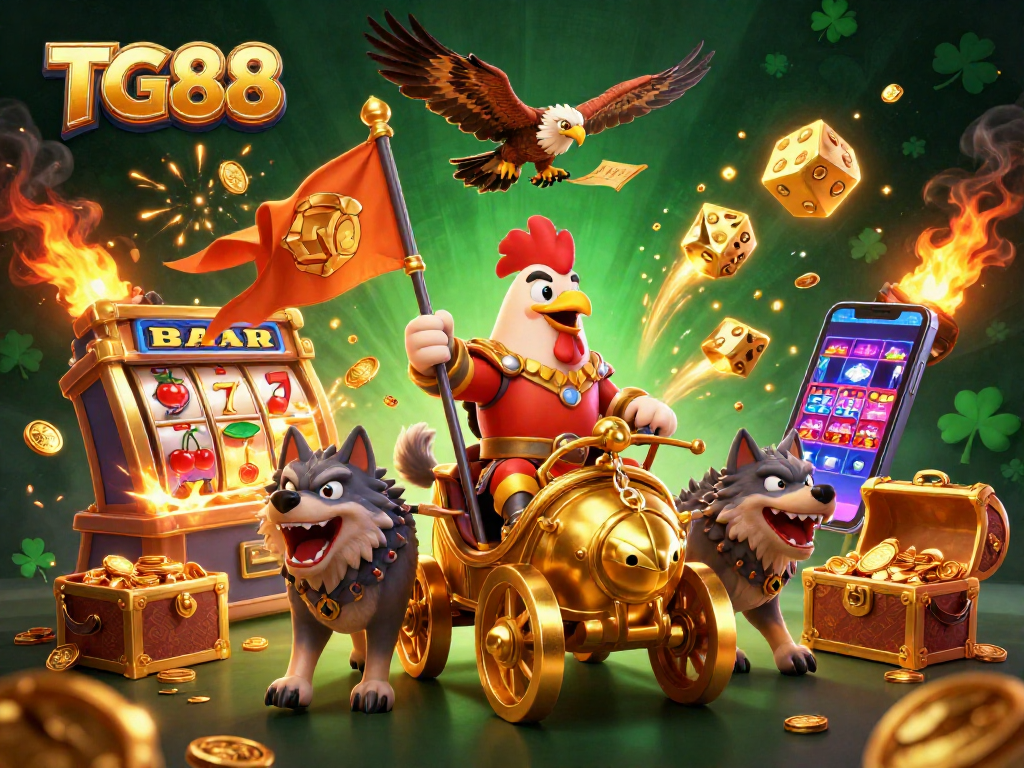 Increase your chances with TG88’s dynamic gaming scene featuring a rooster warlord and exciting casino elements.
