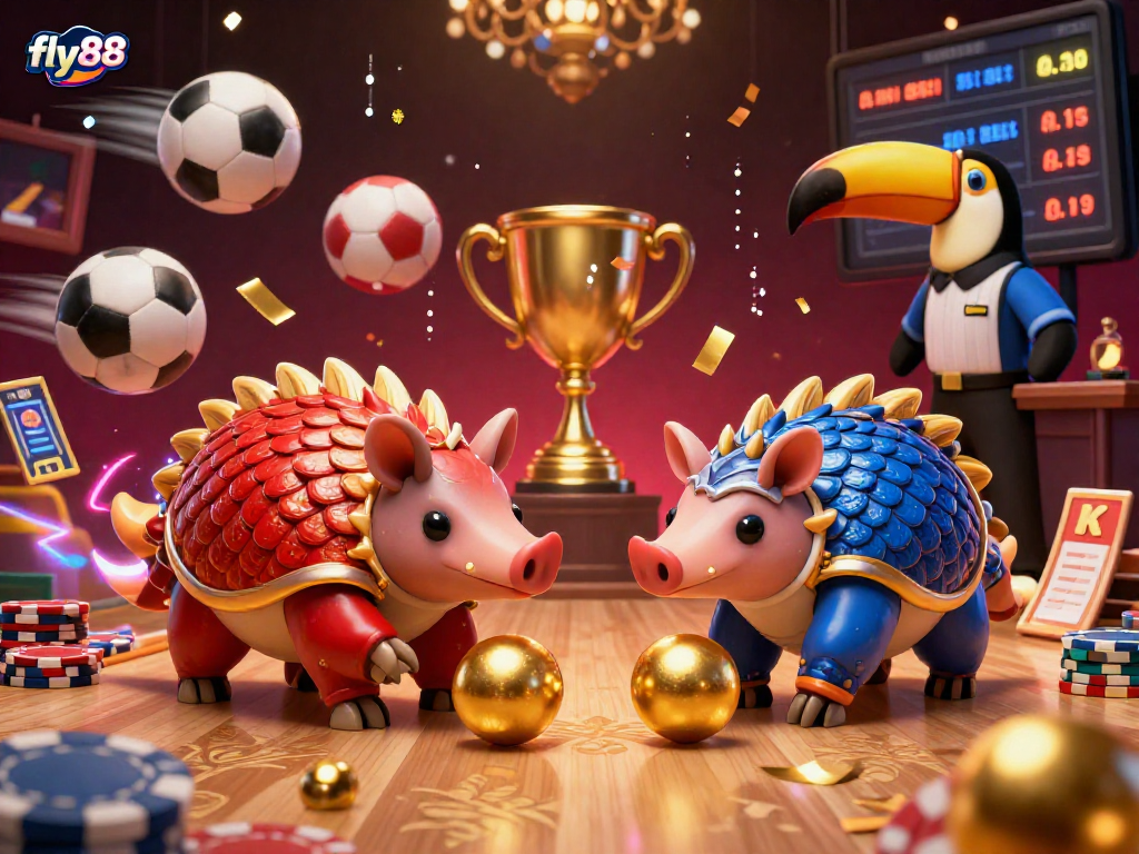 Experience exciting gaming at fly88 with rival pangolins rolling through poker chips in a vibrant casino scene.