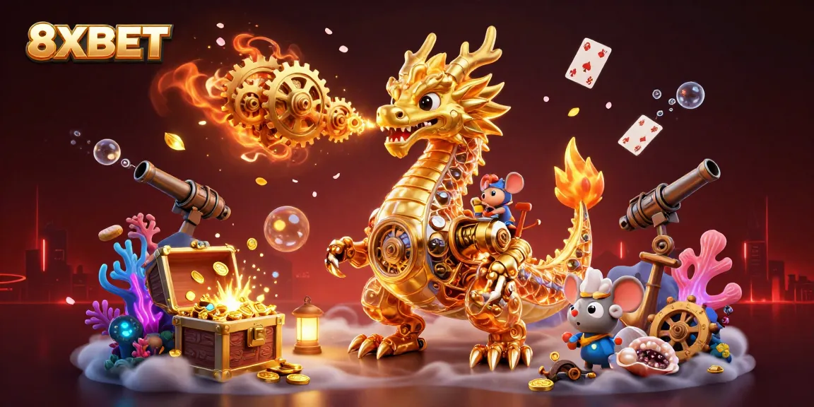Engage with the thrilling world of 8XBET where the golden dragon meets underwater treasures in a vibrant casino setting.