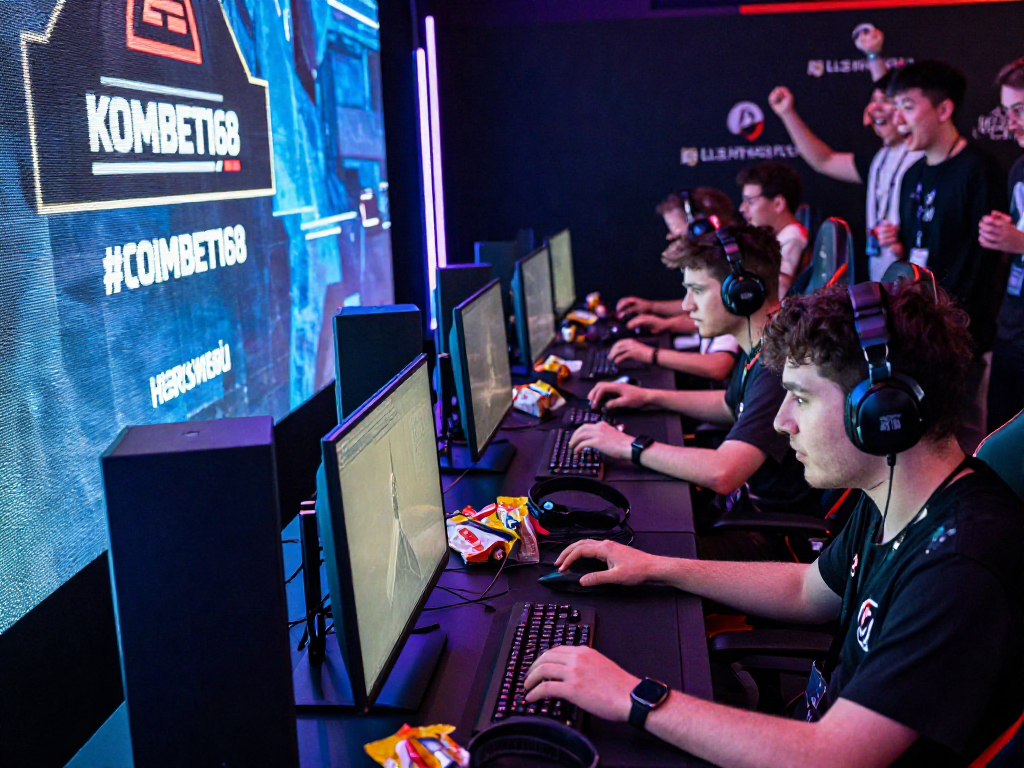 Competitive gamers engaged at the KOMBET168 gaming tournament, showcasing high-energy event.